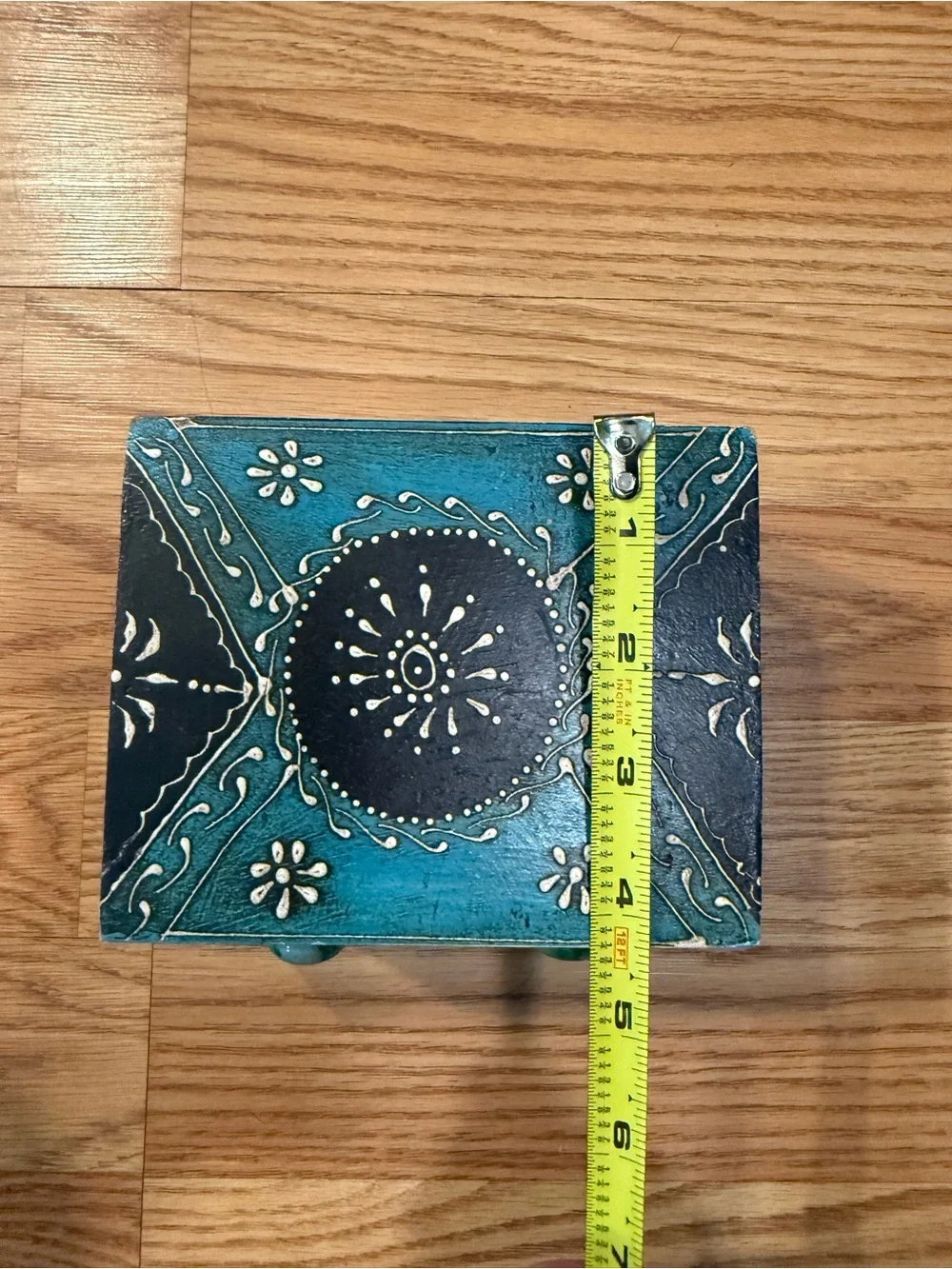 A hand-painted wooden & ceramic mini storage chest or trinket box